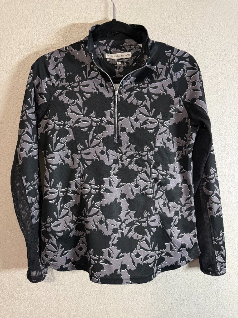 Womens Pebble Beach Black Floral Print Dry-Luxe Quarter Zip Golf Pullover S